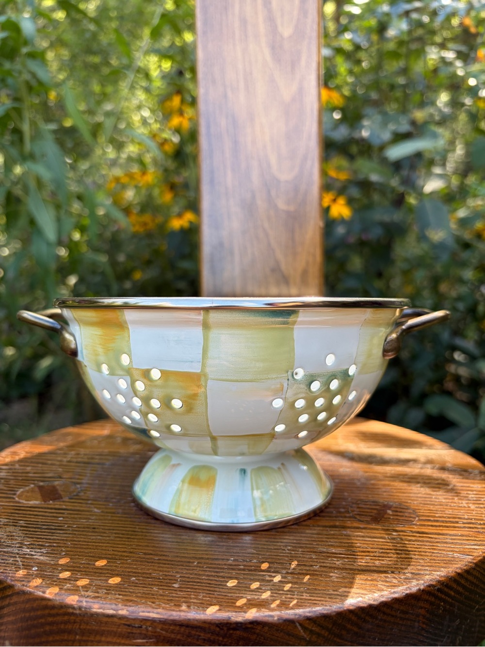 MacKenzie-Childs Enamel Footed Colander Handles Yellow Parchment Check Small